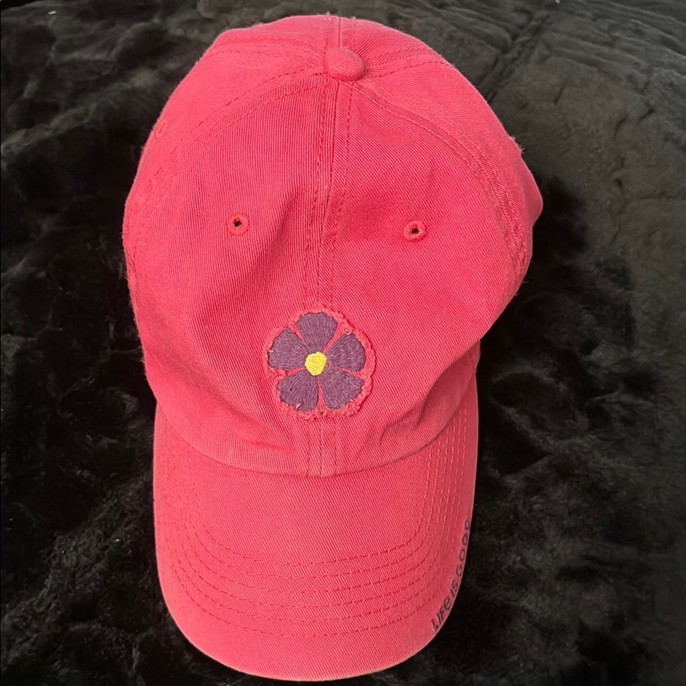 Life Is Good Red Baseball Cap with Flower Embroidery